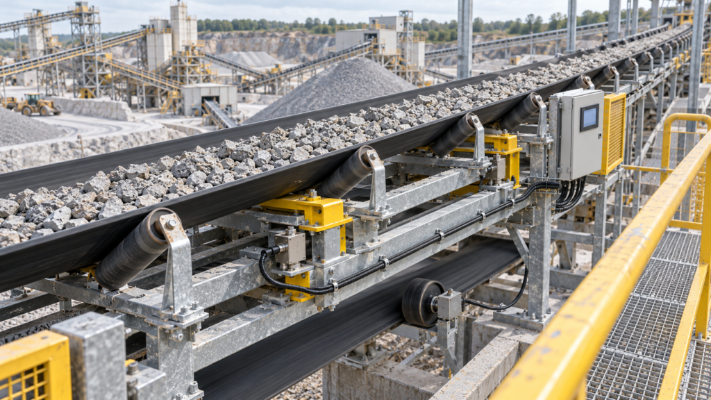 Teknisi memeriksa lokasi pemasangan belt scale pada conveyor material curah