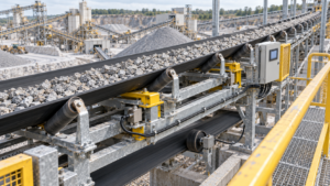 Teknisi memeriksa lokasi pemasangan belt scale pada conveyor material curah