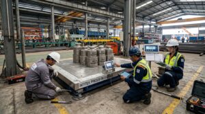 Kalibrasi timbangan industri menggunakan standar massa untuk evaluasi hasil ukur.